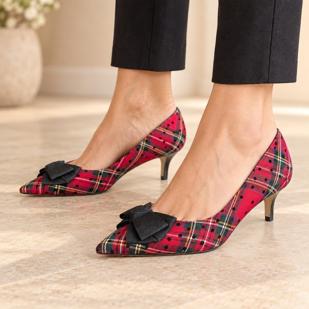 Talbots Womens Red Tartan Plaid Polka Dot Bow Pointed Toe Kitten Heel Pumps 7